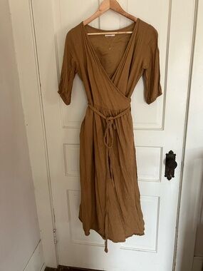 Little Cottonwood Wrap Midi Dress in Mustard Brown